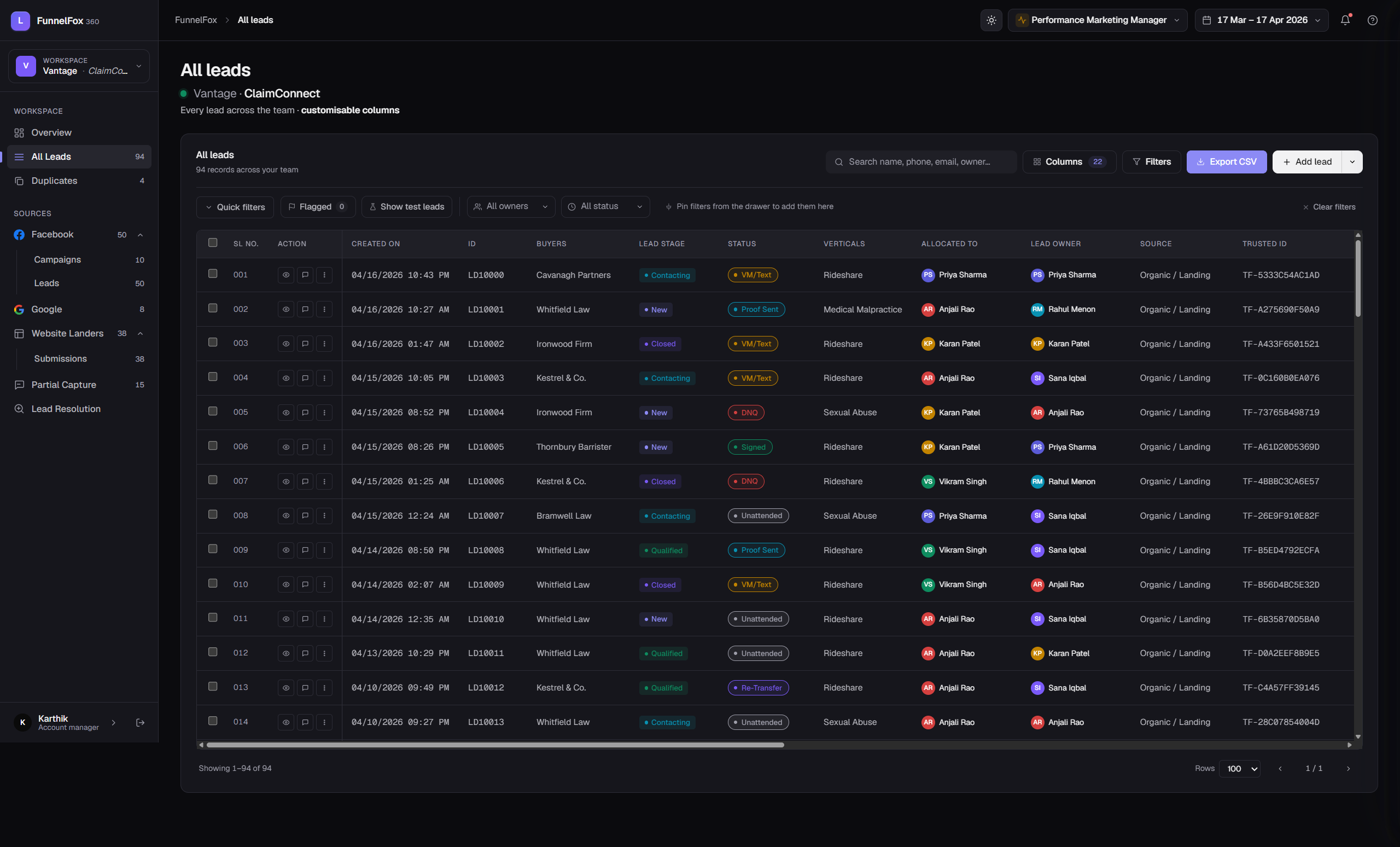 All leads table listing 224 records with stage, status, vertical, and owner columns